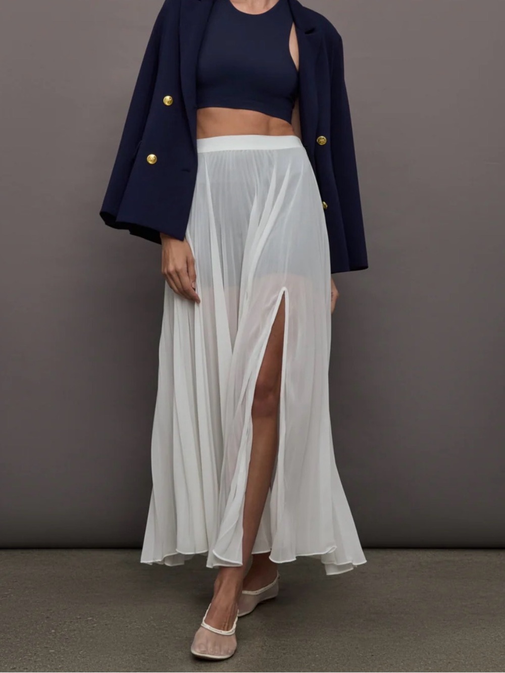 Carbon38 White Sheer Pleated Maxi Skirt with High Slit